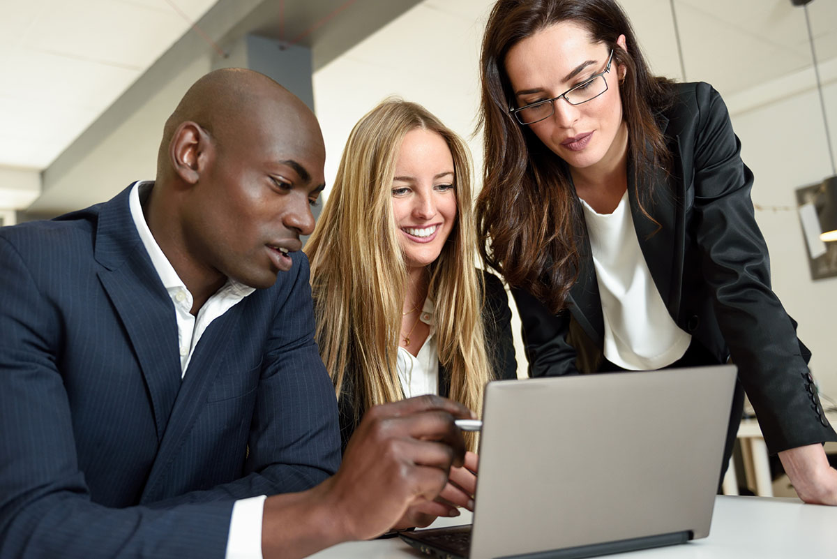 Consultants reviewing a strategy document on a laptop